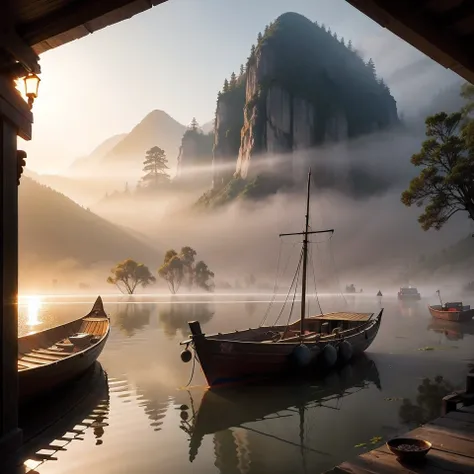 in the early morning，Small fog，The light from the back window is backlighted，Mist morning light，Boat，small boats，Chinese Ancient Times，epic，Light mist, Morning mist, forest ray light, A faint morning mist, golden morning light, light through the mist