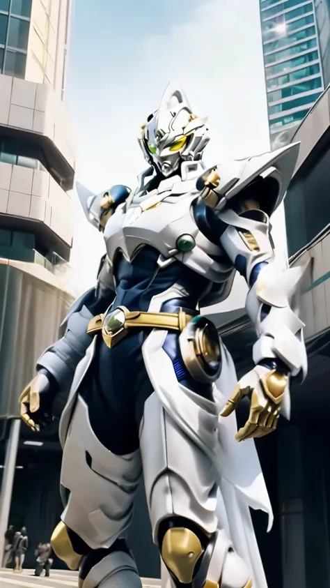 A man wearing a full-face helmet, a fantasy-style biotech armored combat suit, green eyes, (a composite layered chest armor), fully enclosed shoulder guards, matching arm and leg guards, the belt is adorned with cross, (the color scheme is primarily white ...