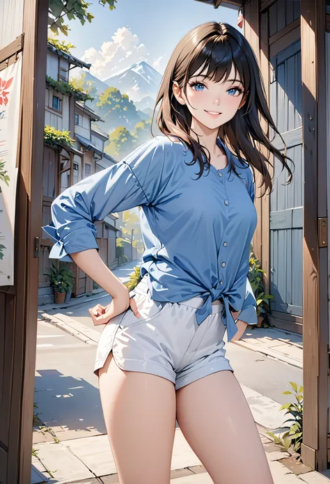 best quality,masterpiece,realistic,1girl,cowboy shot,form behind,smile,looking at viewer,short shorts,white shorts,shirt,blue shirt,