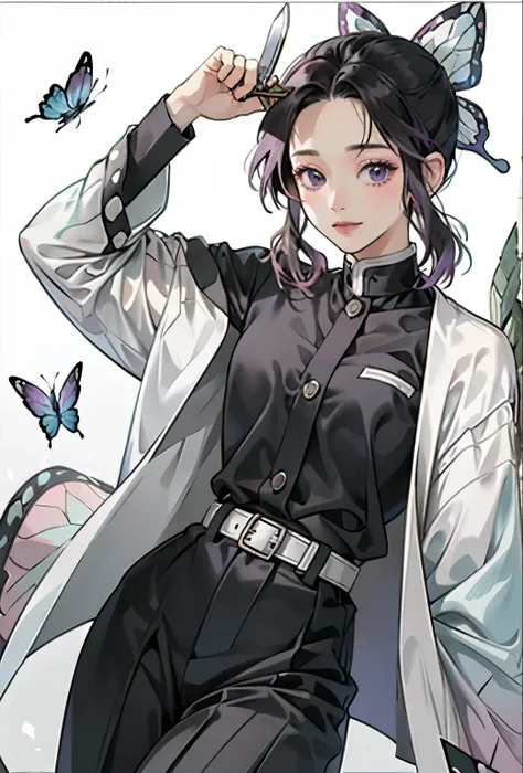 Realistic, High resolution, Soft Light,1 Female, alone, Hip Up, (Detailed face), we (one piece), tattoo, jewelry,kochou shinobu,Multicolored Hair,No bangs,Hair Intake,Purple eyes,amount,Black Shirt,Black trousers,Haori,butterfly,button,belt, knife