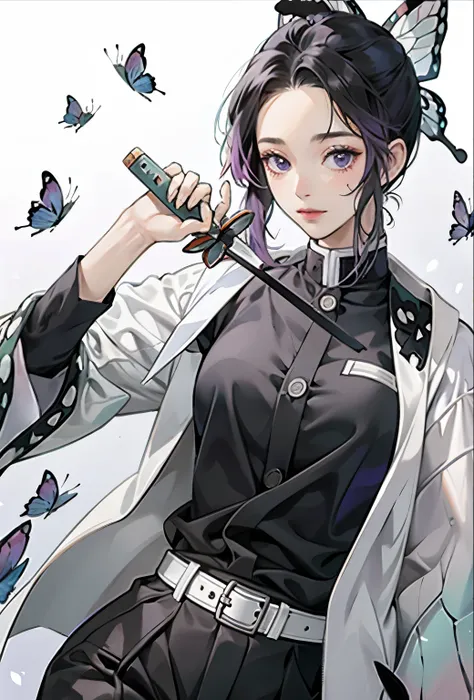 Realistic, High resolution, Soft Light,1 Female, alone, Hip Up, (Detailed face), we (one piece), tattoo, jewelry,kochou shinobu,Multicolored Hair,No bangs,Hair Intake,Purple eyes,amount,Black Shirt,Black trousers,Haori,butterfly,button,belt, knife