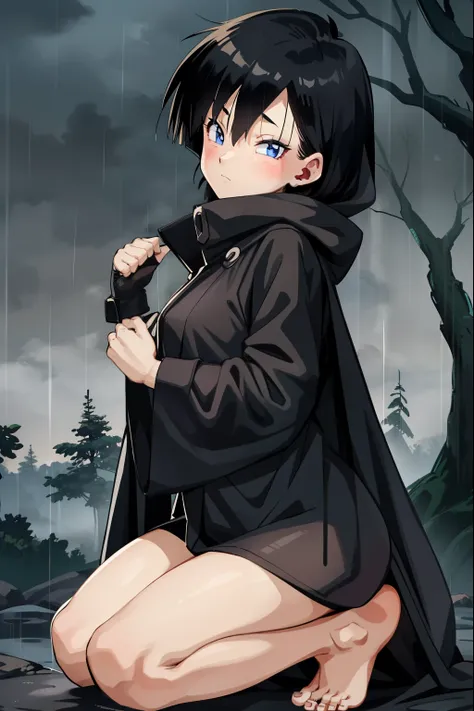 cloudy,rain,fog,forest,1 girl,videl,wearing a black hood,black long raincoat,black hair,shortcuts,barefoot,close ~ eyes,boyish,g...