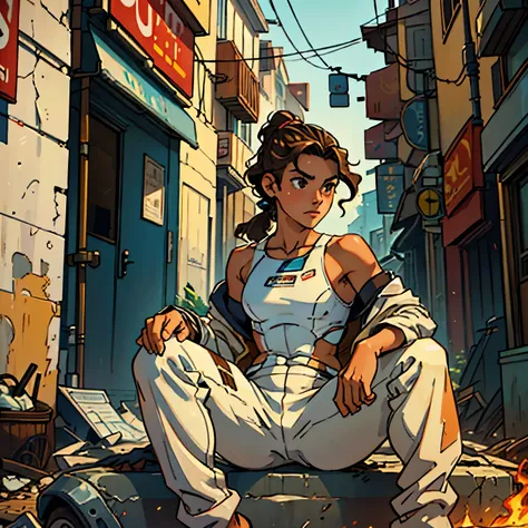 (Caucasian teenager), 18 years old, brown eyes, (wavy brown hair), (hair tied back), medium hair, small breasts. She wears a white sci-fi suit, torn suit, bare shoulders, solo. Sitting on a destroyed street on fire, day