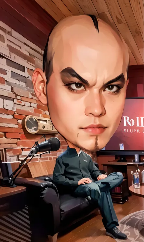 arafed image of a man sitting in a chair with a big head, Was doing a podcast and laughing,  rob rey and kentarõ miura style, rob rey and kentaro miura style, rob rey and kentarõ miura, jin shan and ross tran, & jeehyung lee & wlop, caricature style, wlop ...