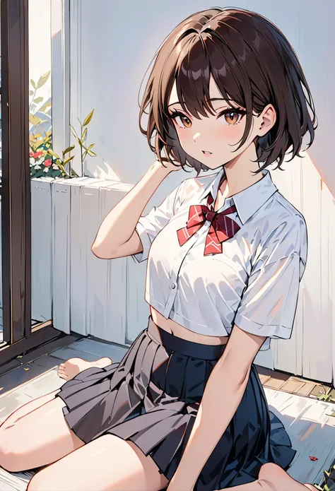 masterpiece,best quality,youhue,1girl,solo,skirt,navel,shirt,sitting,midriff,white shirt,parted lips,short sleeves,short hair,wa...