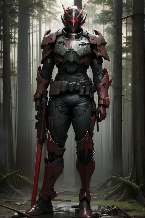 Photo of , ((Vindicare:1.2)), ((alone:1.3)), mask, red glowing visor, Fully covered face, Black Bodysuit, weapon over shoulder, sniper rifle, standing on top of tree, Standing next to a large tree, Lush forest, jungle, rain forest, The atmosphere is gloomy...