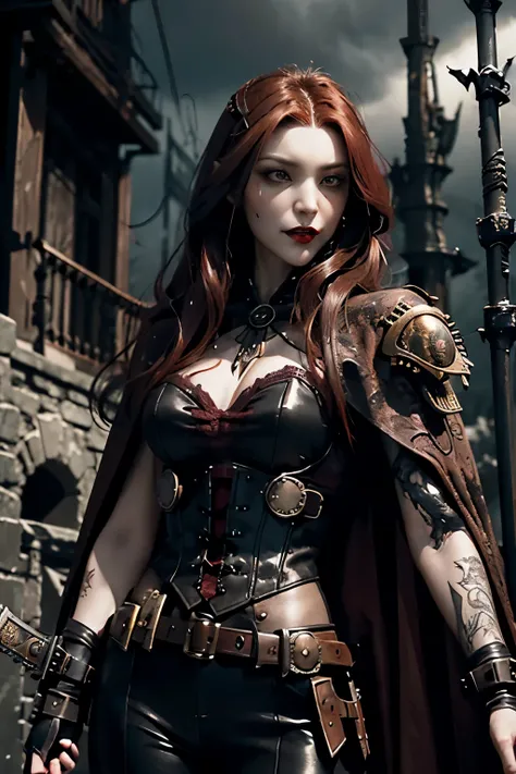 Female Vampire Warrior, Adorned in steampunk attire, Boasting dark auburn hair, Wielding ninja swords in a ready-to-attack stance, Depicted in a front view, Painted in an abstract noir style, Dark and moody ambiance, Sinister silhouette, Sharp and detailed...