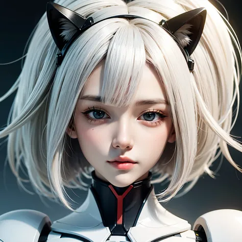 ((best quality)), ((masterpiece)), (detailed), perfect face. White hair. Short hair. Ulzzang. Asian girl. Black eyes. Mecha. Nekomimi.