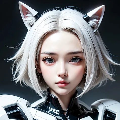 ((best quality)), ((masterpiece)), (detailed), perfect face. White hair. Short hair. Ulzzang. Asian girl. Black eyes. Mecha. Nekomimi.