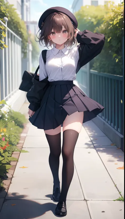 One Girl、Positive、From above、Full body portrait、Brown haired、Medium Haircut、blush、Absolute area、Knee socks、stockings、Black knee-high socks、White underwear、Cleavage、Light blue cut shirt、Unbutton your shirt、Shirt buttons fly off、Navy blue checkered pleated s...