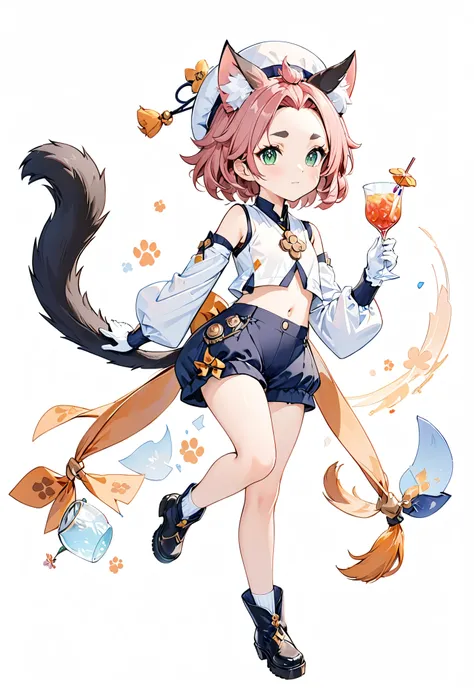 absurdres,highres,ultra detailed,masterpiece,1girl,solo,animal ears,diona (genshin impact),tail,cat ears,pink hair,animal ear fluff,hat,cat tail,short hair,white background,shorts,cup,simple background,cat girl,gloves,full body,green eyes,detached sleeves,...