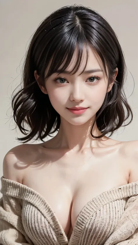 ((highest quality、Masterpiece、High resolution))、(((Zoom photo of upper body、Black Hair)))、(A shy smile:1.2)、One woman、Beautiful Skin、Beautiful Eyes、Cleavage、Off-the-shoulder sweater、Trimmed bangs、Wavy Hair