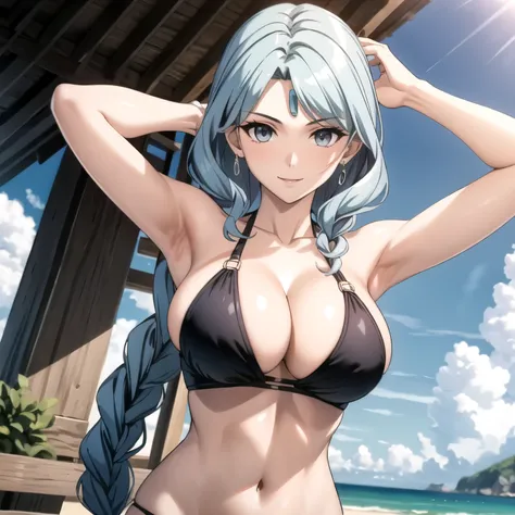 Beautiful 25 year old woman braided light blue hair light skin., a jewel on his forehead pale skin, sonrisa coqueta, pechos medianos grandes, bikini  celestes , esta sola  en una playa , manos en la cabeza, sunny day. hand behind head. sonrisa feliz
