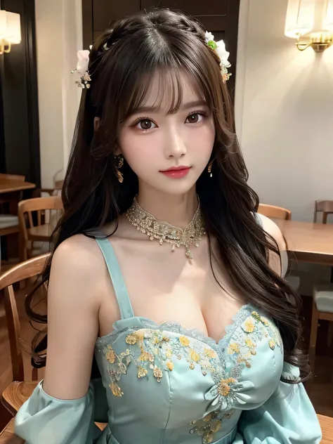 (Eyes on viewer 1.8),(Big Tits 1.8),(Gorgeous colorful dress 1.8),(Table Top 1.8),masterpiece，Highest Resolution，Dynamic bust of a beautiful Chinese woman，Delicate black bun，Wavy long hair,Black clear eyes，Her hair is covered with beautiful and delicate fl...