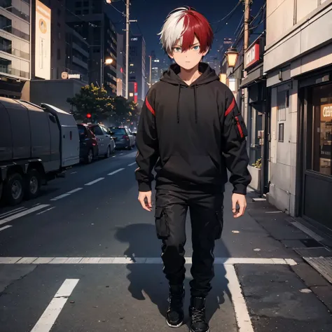 A boy, wearing a black hoodie, black cargo pants, black boots, walking on the sidewalk of a city at night, multicolored hair, red hair, blue eyes, serious face, Surrealism, cast shadow, anaglyph, stereogram, tachi - and, point of view, atmospheric perspect...