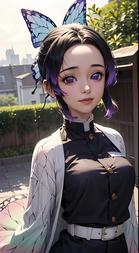 Ultra-realistic 8K CG,masterpiece,((Highly detailed background, Delicate pattern, Intricate details)),highest quality,very detailed face,Very beautiful eyes and face,Very beautiful eyes,Kocho Shinobu,Colorful Hair,No bangs,Hair intake,Purple eyes,amount,Bl...