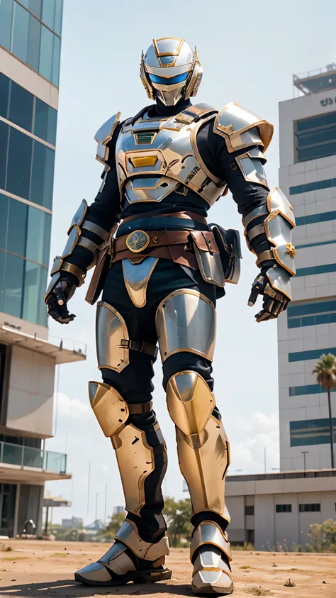 A man wearing a full-face helmet, a fantasy-style biotech armored combat suit, green eyes, (a composite layered chest armor), fully enclosed shoulder guards, matching arm and leg guards, the belt is adorned with cross, (the color scheme is primarily white ...
