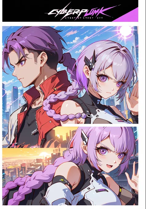 lovers,1boy,1girl,cp,cyberpunk street,fighting stance,yinji,fighting clothes,fighting pose,yinji,purple_hair,purple_eyes,very_long_hair,grey_hair,braided_ponytail,large_breasts,gradient_hair,,ray,sky,sun,cloud,cyber punk Girl, cyberpunk fashion,depth of fi...