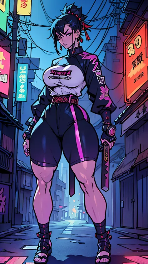 mujer goth, curvy, samurai cyberpunk, holographic samurai armor, cabello corto de hongo, con katana, bragas, calcetas altas, cam...