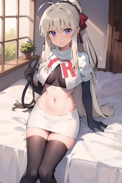 indoor, arena,
rinne_bj, 1girl, long hair, looking at viewer, breasts, purple eyes, ahoge, v-shaped eyebrows, medium breasts, ribbon, hair ribbon, very long hair, ponytail, bangs, hair between eye, team rocket,team rocket uniform,white skirt,red letter R,c...