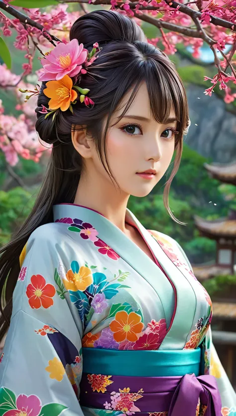 enchanting anime girls decorate the scene、her long hair was tangled with bright flowers、a magnificent view reminiscent of a flow...