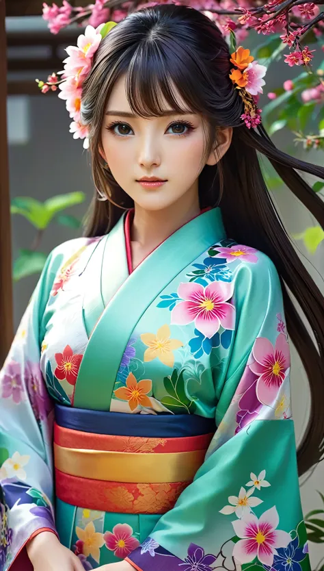 enchanting anime girls decorate the scene、her long hair was tangled with bright flowers、a magnificent view reminiscent of a flow...