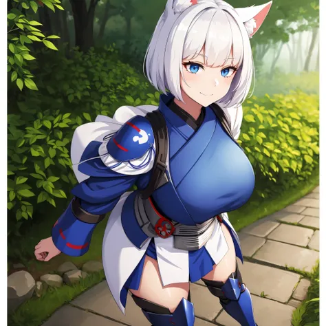 short white hair, blue eyes, kitsune ears, wearing dark blue samurai armor, samurai bracelet, samurai boots, smiling, walking on...