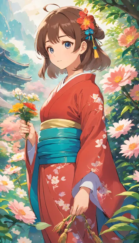 Enchanting anime girls decorate the scene、Her long hair was tangled with bright flowers、A magnificent view reminiscent of a flowering garden unfolds before your eyes.。Dressed in elegant and sophisticated kimono、The delicate features are emphasized、Every cu...