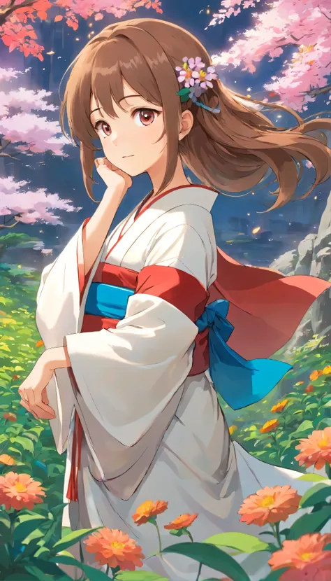 Enchanting anime girls decorate the scene、Her long hair was tangled with bright flowers、A magnificent view reminiscent of a flowering garden unfolds before your eyes.。Dressed in elegant and sophisticated kimono、The delicate features are emphasized、Every cu...