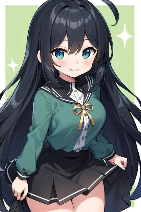 Junior high school student who looks like an elementary school student, 14 years old, very short, 140 cm tall, black hair with a slight green tinge, short ahoge, beautiful long hair but with a little hair sticking out, beautiful round eyes, blue eyes, smil...