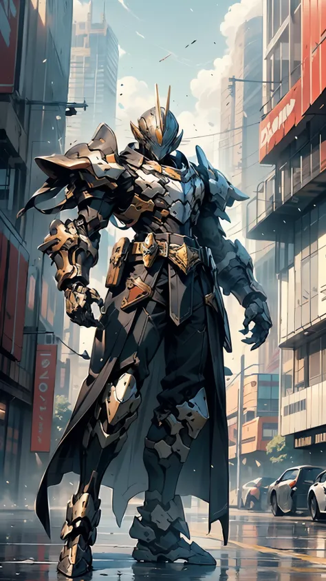 A man wearing a full-face helmet, a fantasy-style biotech armored combat suit, green eyes, (a composite layered chest armor), fully enclosed shoulder guards, matching arm and leg guards, the belt is adorned with cross, (the color scheme is primarily white ...