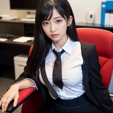 (Best-quality, Masterpiece, Ultra-High-Resolution, (Photorealistic:1.4), Raw Photo, depth of field, professional lighting, perfect anatomy, extremely details), 1girl, 15-years-old, the most famous Japanese idol, portrait, sitting on business chair at offic...