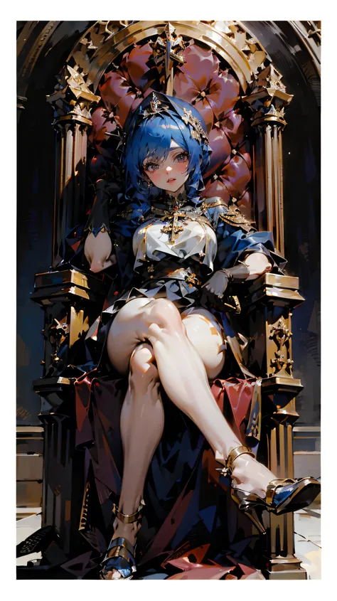 ((best quality)), Jewelry Package)),((1 Obese girl))Cross your legs，Dark blue hair，pray，Holding a scepter，on the throne，Metal shoes，((Gloves))，（Nikolai Fehin），( Fisher, )，The church in the background