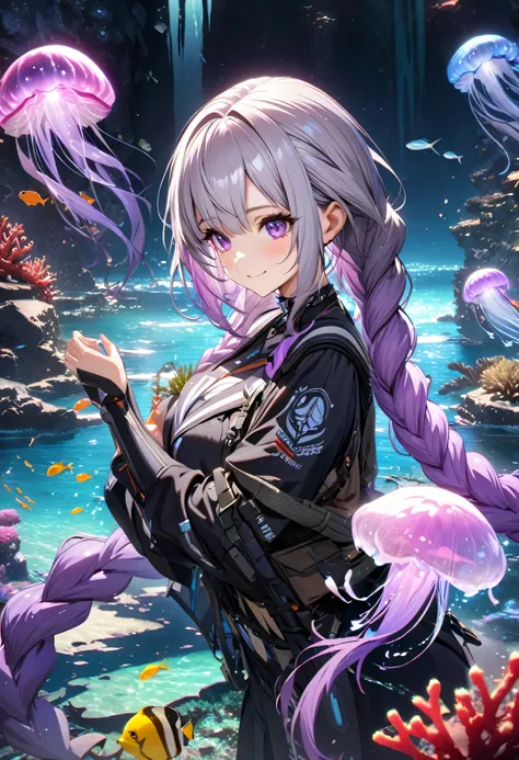 masterpiece, best quality, (Very detailed CG Unity 8k wallpaper), (best quality), (Best Illustration), (Best shadow), Ocean theme with natural elements, yinji , 1 Girl, purple hair,purple eyes,very long hair,grey hair,double braid,gradient hair, Smile, Bea...