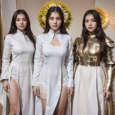 Armenian high school students wearing linen spacesuits pose for photos, featuring linen sci-fi armor, linen armor, movie goddess body shots, and linen heavy armor. Dramatic, body linen armor((one goddess)), linen body, smooth linen armor, linen armor, line...