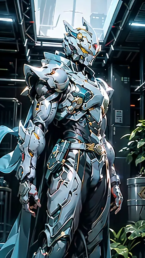 A man wearing a full-face helmet, a fantasy-style biotech armored combat suit, green eyes, (a composite layered chest armor), fully enclosed shoulder guards, matching arm and leg guards, the belt is adorned with cross, (the color scheme is primarily white ...