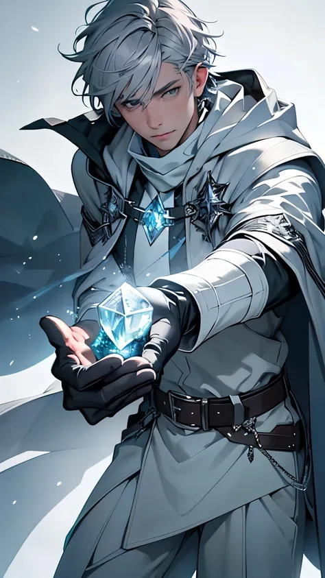 A young man, ice sorcerer, wearing a cloak made of crystal, white shirt, green pants, gloves, belt, and boots. Gray hair, gray eyes.

The prompt is: "A young man, ice sorcerer, wearing a cloak made of crystal, white shirt, green pants, gloves, belt, and bo...