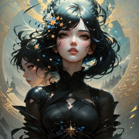 painting of a woman with black hair and a black dress, jinyoung shin art, girl with black hair, guweiz masterpiece, by Li Song, by Ni Duan, by Shao Mi, takato yamamoto aesthetic, baroque painting. star lit sky, by Yoann Lossel, edgar maxence and ross tran,...