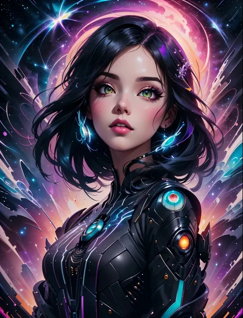 a woman with a black hair and a black top is standing in front of a galaxy, beeple and jeremiah ketner, artgerm julie bell beepl...