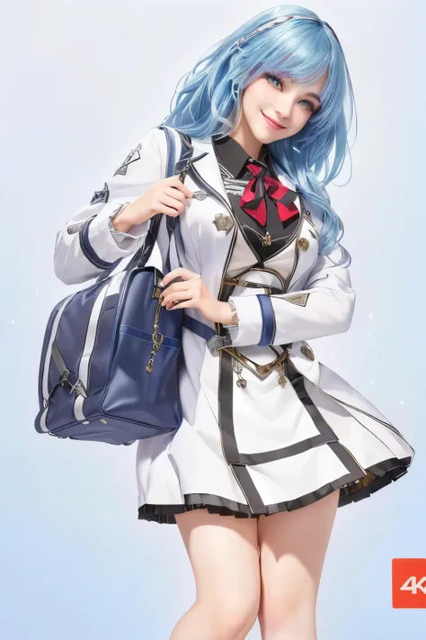 (best quality,4k,8k,highres,masterpiece:1.2),ultra-detailed,(realistic,photorealistic,photo-realistic:1.37),portraits,girl with blue hair and a white coat holding a black purse,cyber school girl,magical school student uniform,beautiful,vivid colors,sharp f...