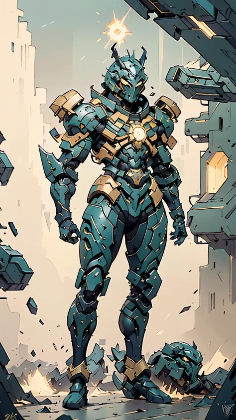 A man wearing a full-face helmet, a fantasy-style biotech armored combat suit, green eyes, (a composite layered chest armor), fully enclosed shoulder guards, matching arm and leg guards, the belt is adorned with cross, (the color scheme is primarily white ...