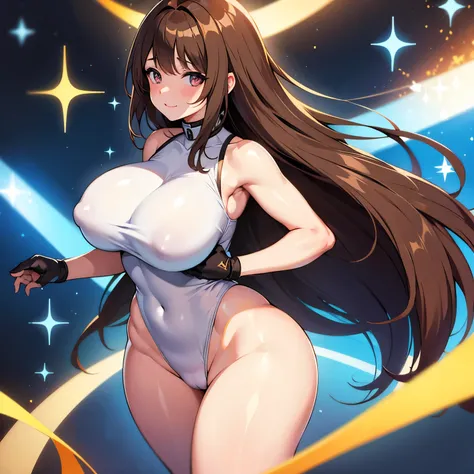 Anime girl brown hair and sparkle eyes medium breast curvy body 