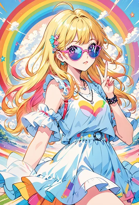 anime girl with sunglasses and a necklace making a peace sign, anime style illustration, decora inspired illustrations, anime vi...