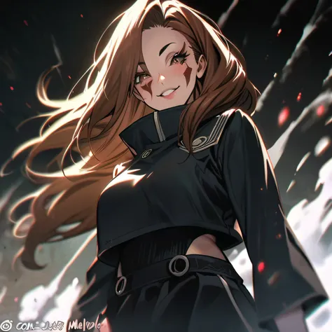 ultra detallado, high resolution, jujutsu kaisen style 18 year old girl , hermosa , medium long brown hair , ojos gris oscuro , con uniforme de jujutsu Tech , tatuajes , sonrisa malvada