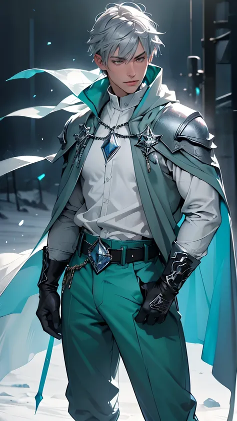 A young man, ice sorcerer, wearing a cloak made of crystal, white shirt, green pants, gloves, belt, and boots. Gray hair, gray eyes. (green pants)

The prompt is: "A young man, ice sorcerer, wearing a cloak made of crystal, white shirt, green pants, gloves...