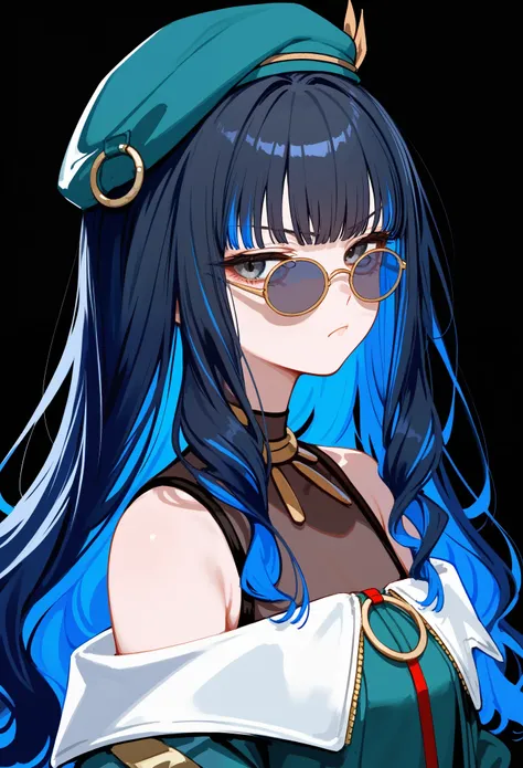 upper body, 1girl, solo, long hair, black hair, colored inner hair, blue hair, wavy hair, eyeliner, makeup, jewelry, beret, o-ring, neck ring, black shorts, buttons, round sunglasses, bracelet, bare shoulders, green jacket, white jacket, off shoulder, zipp...