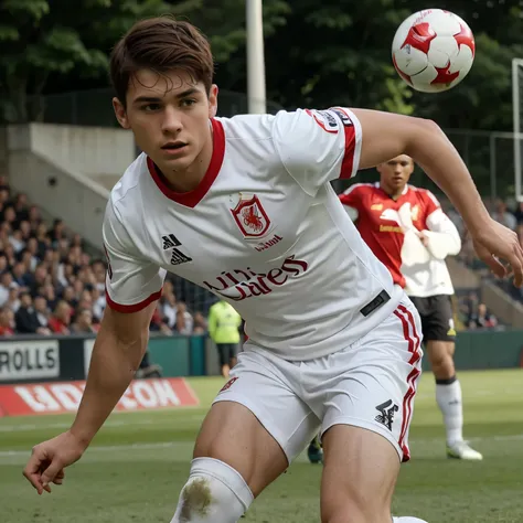 quero uma imagem ultra-realista de um jogador de futebol atuando pelo Liverpool, he is white and has short brown hair. He is wearing a red uniform and is playing football 