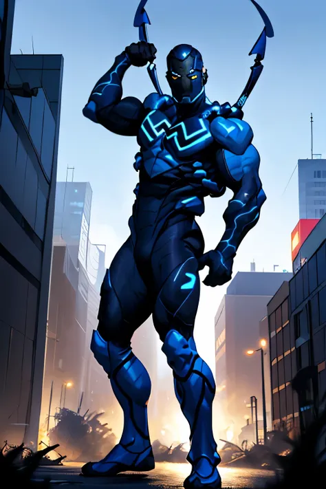 (full body), ((masterpiece,best quality)), absurdres, blue_beetle_dc, muscular, looking at viewer, dynamic pose, giant towering ...