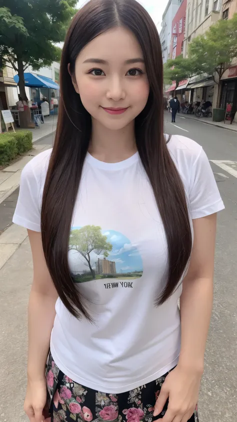 Bright outdoors、Walking around town、((​masterpiece))、((top-quality))、a picture、Realisticity、high-level image quality、Advanced depth of field、ultra-detailliert、Realistic lighting、((Beauty salon))、((white t-shirt with new york printed on it,black skirt))、((W...