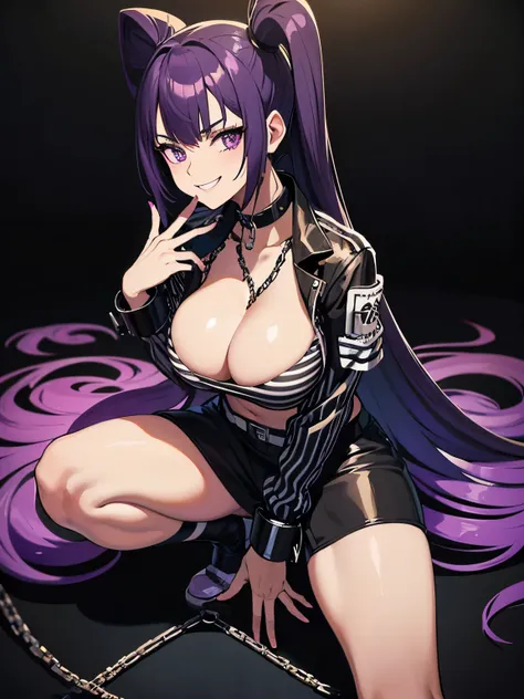 Mugshot, anime girl in black and white striped prisoner uniform, hands cuffed or chained, cleavage, big breasts, purple hair, evil smile, jail, cell, prison